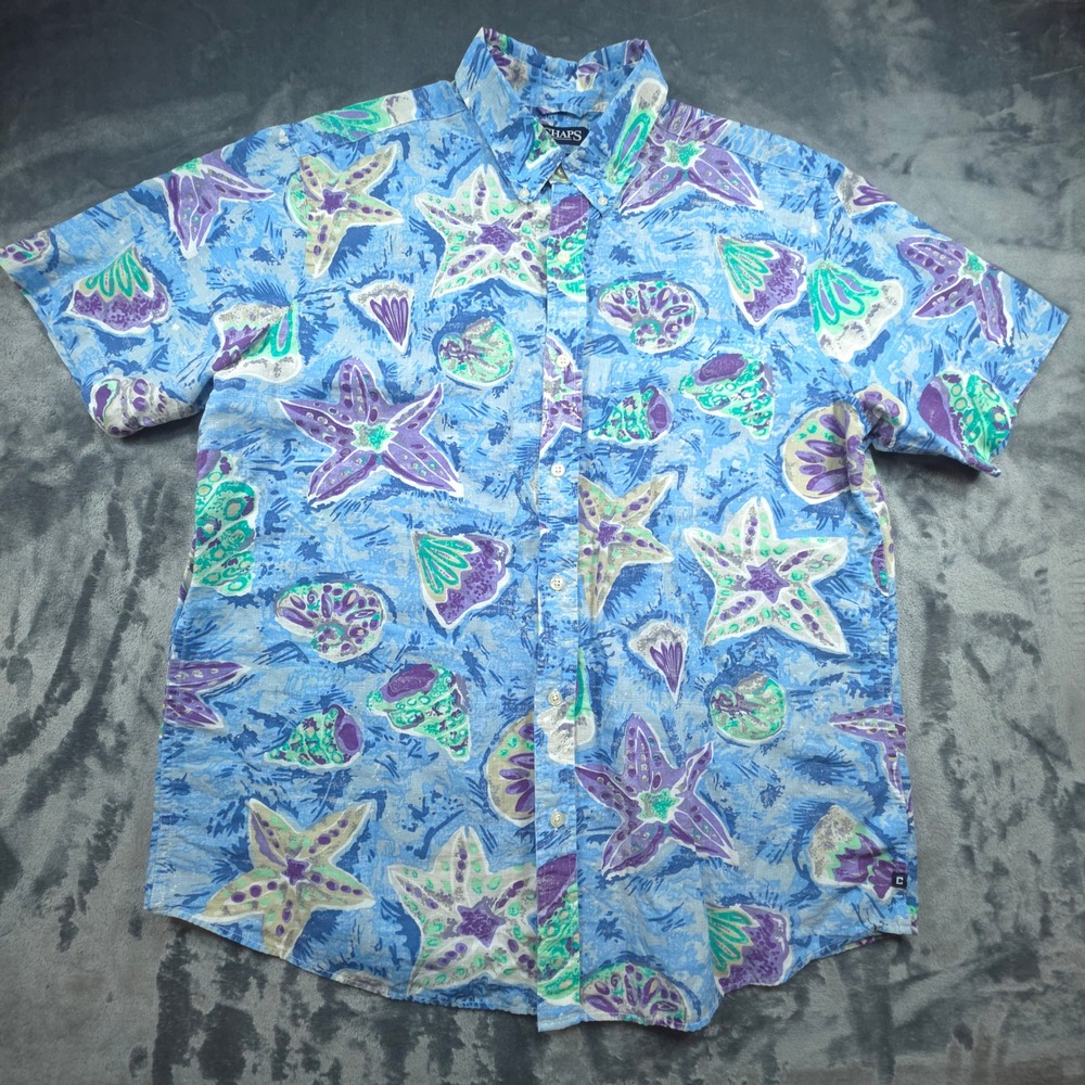 Chaps Mens XL Linen Cotton Starfish Seashell Coastal Button Down Shirt Blue